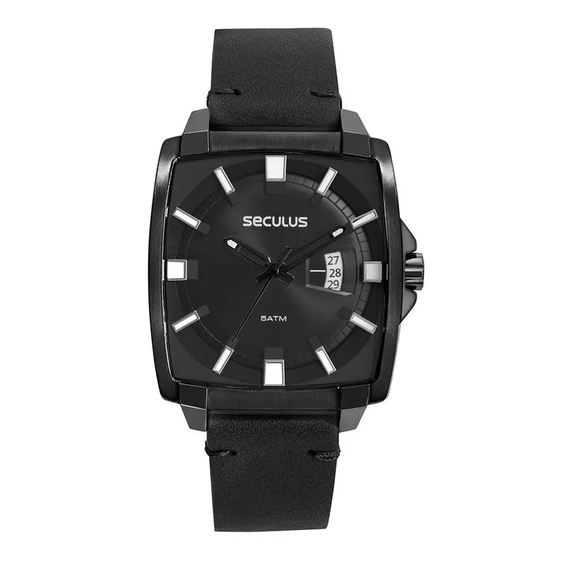 Relógio Masculino Quadrado Couro Preto
