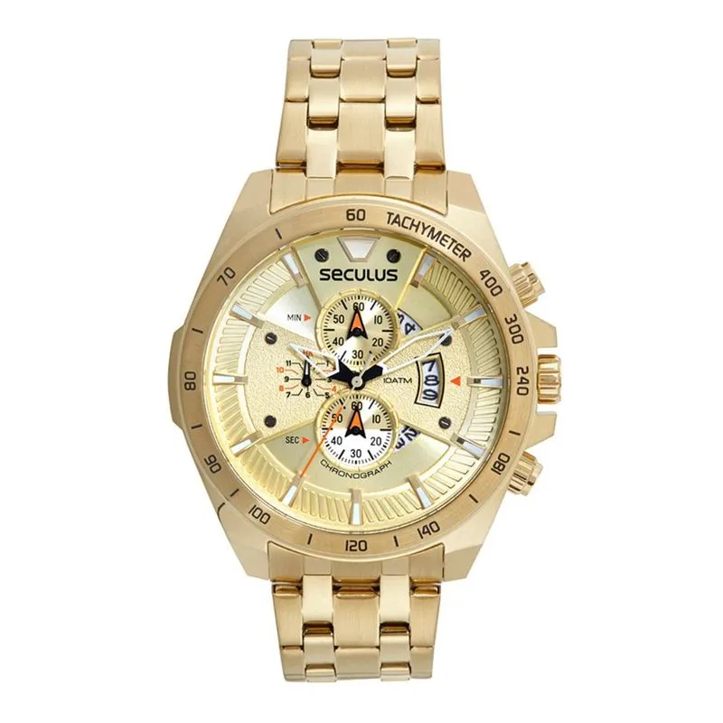 Relogio Seculus Masculino Dourado Grande Cronografo Original 77221gpsvda2
