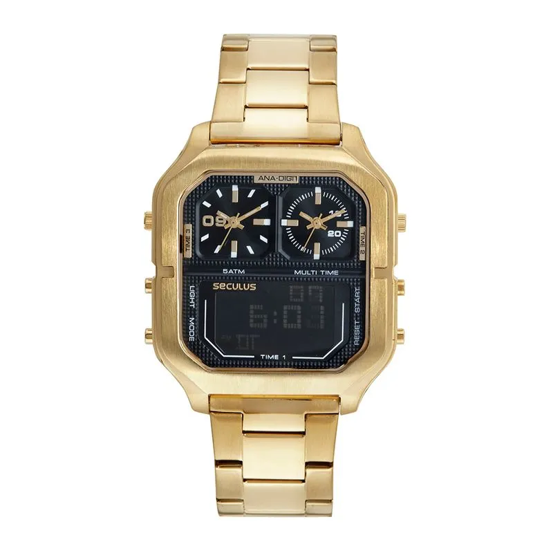 Relógio Masculino Anadigi Quadrado Aço Dourado