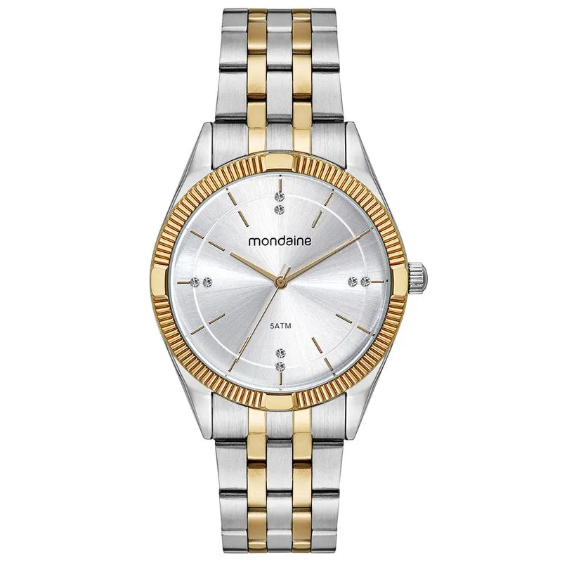 Relógio Feminino Moderno Cristais Prata e Dourado