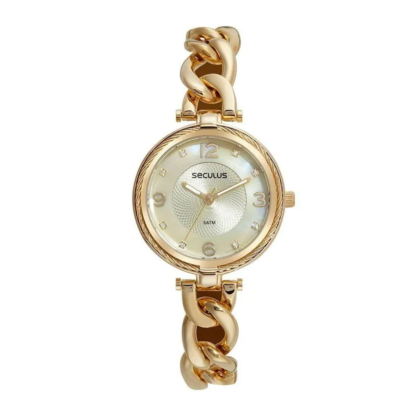 Relógio Feminino Correntes Casual Metal Madrepérola Dourado Séculus 36MM