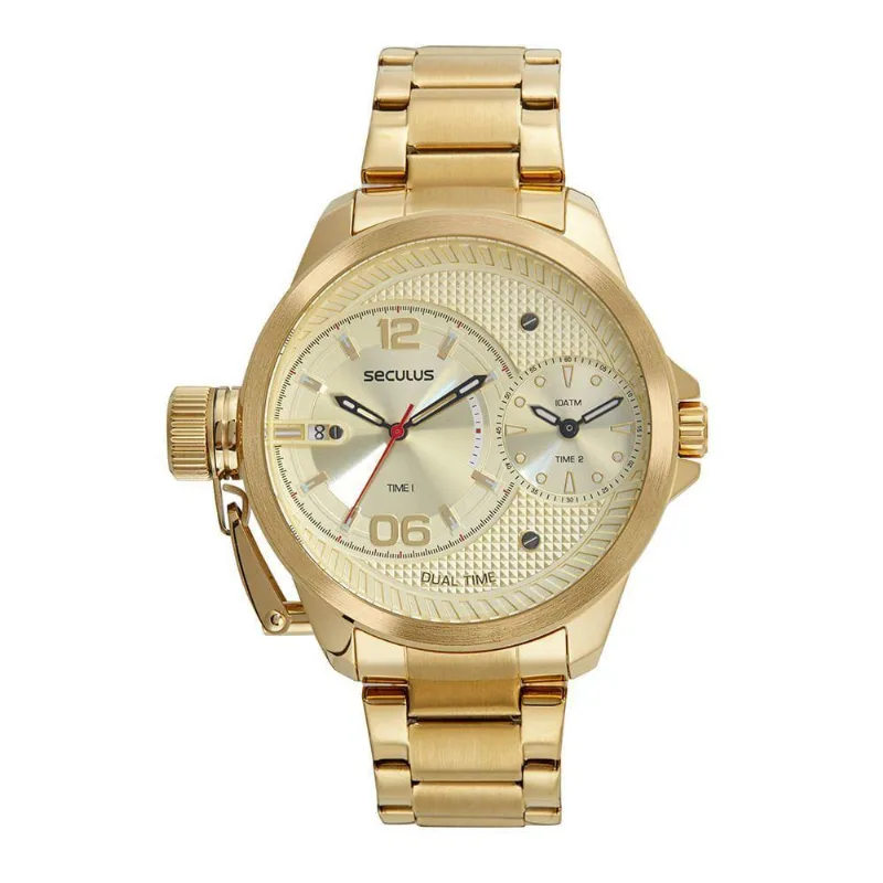 Relógio Masculino Dual Time Analógico Em Aço Inox Dourado Séculus
