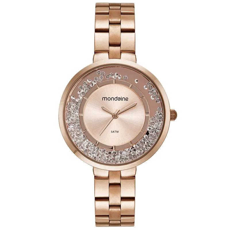 Relógio Feminino Cristais Soltos Rosé