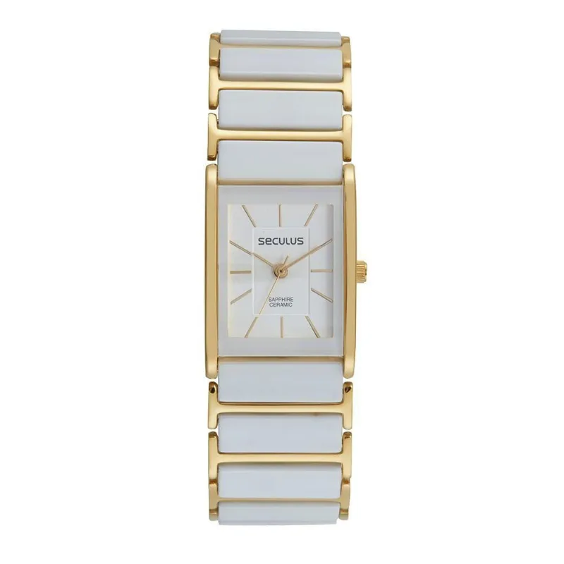 Relógio Feminino Cerâmica Analógico com Fecho Dobrável Dourado Séculus 32MM