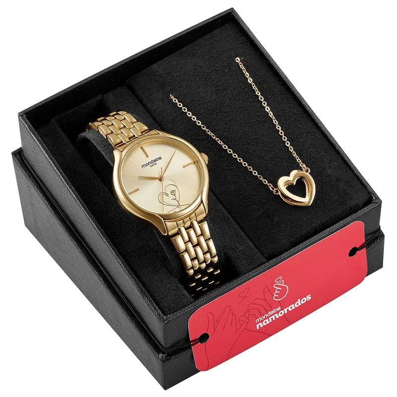 Kit Relógio Feminino Com Colar Coração Dourado