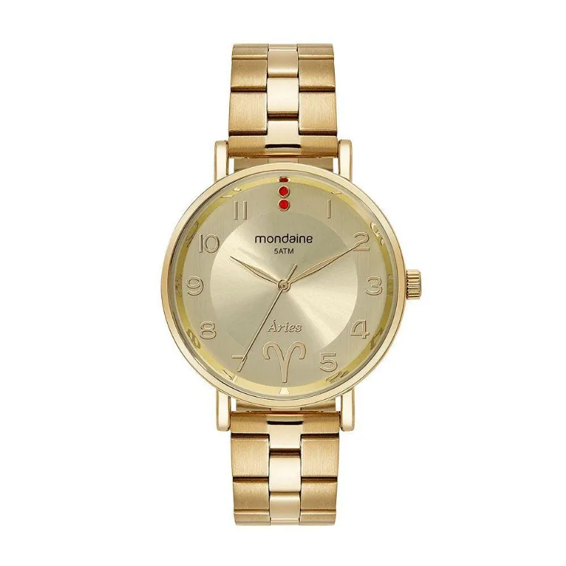 Relógio Feminino Signo Áries Analógico Aço Inox com Colar Dourado Mondaine