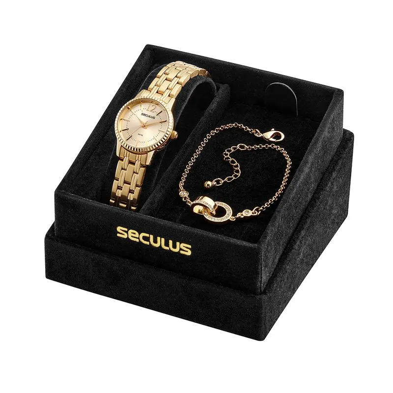 Kit Relógio Feminino Clássico Dourado e Pulseira de Pingente
