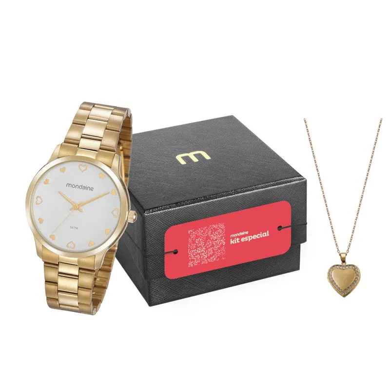 Kit Relógio Feminino Coração Dourado Com Semijoias