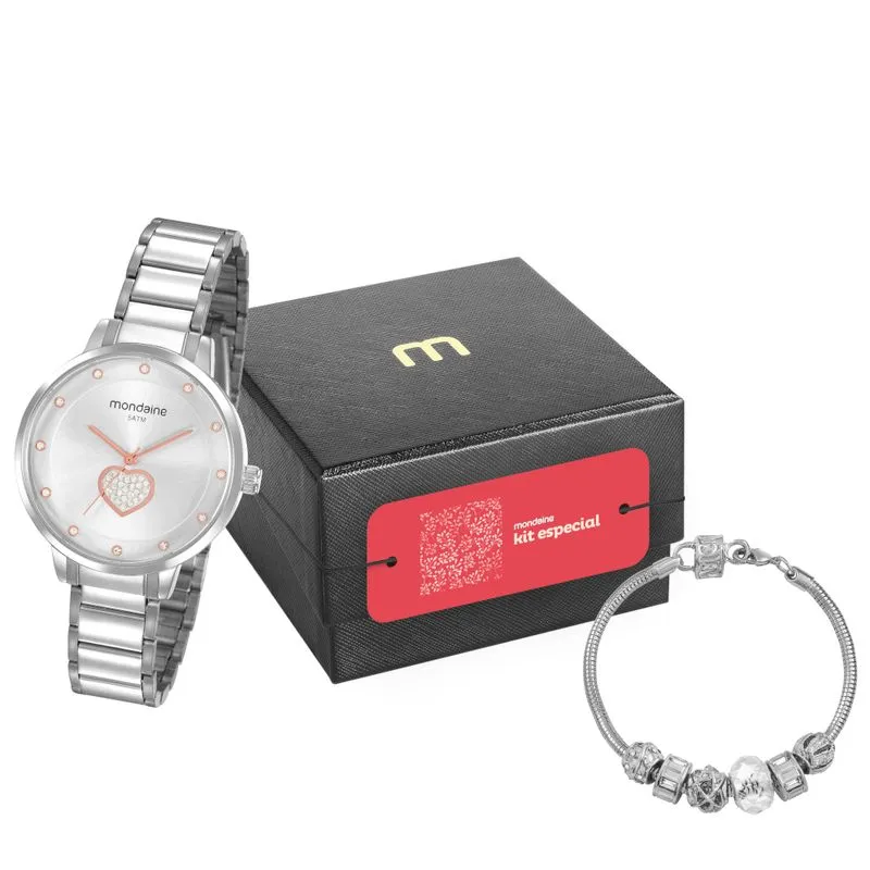 Kit Especial Relógio Feminino Cristais Coração Prata
