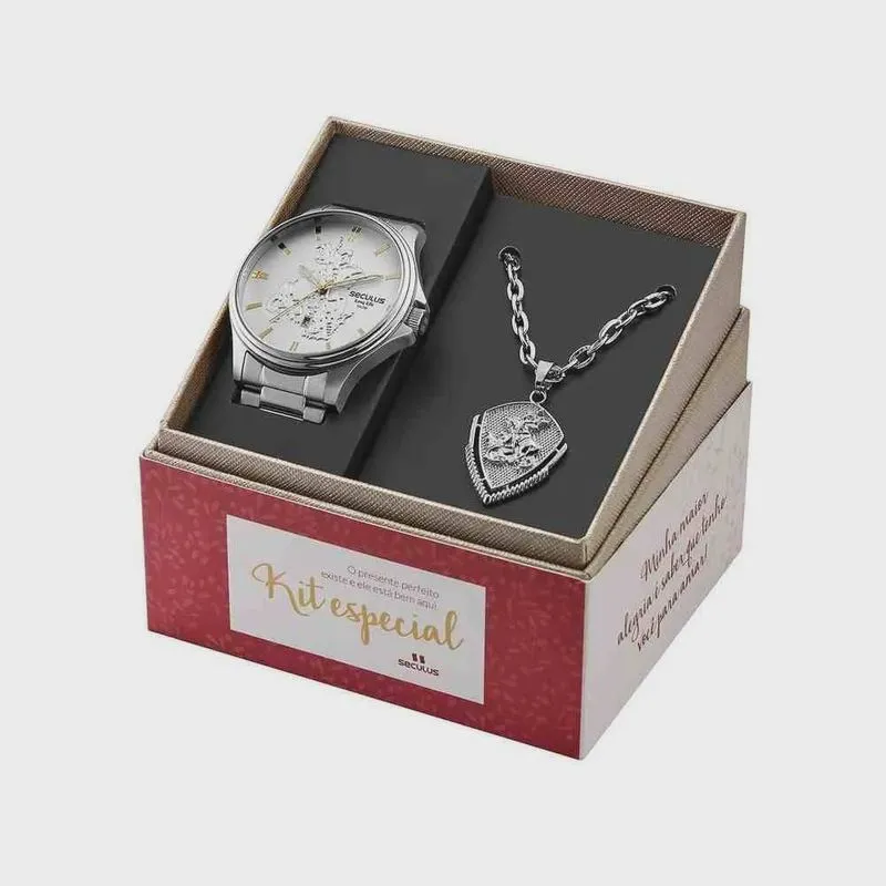 Kit Relógio Prata Masculino Seculus 44009G0SKNA2K2
