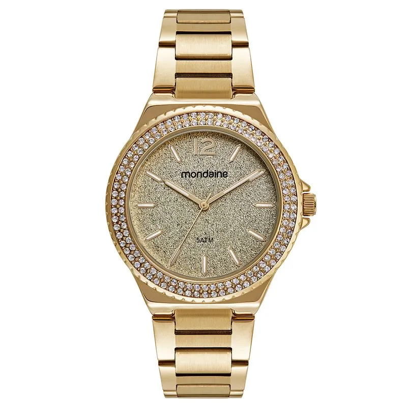 Relógio Feminino Cristais e Glitter Dourado