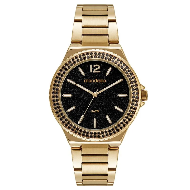 Relógio Feminino Cristais e Glitter Dourado