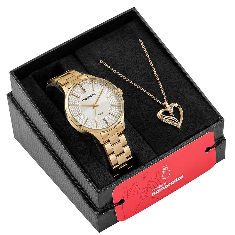 Kit Relógio Feminino Cristais Com Colar Coração Dourado