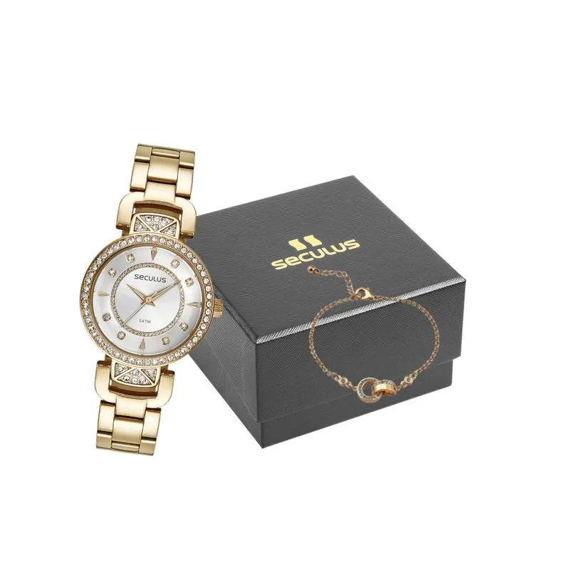Kit Relógio Feminino Cristais Com Pulseira Dourado