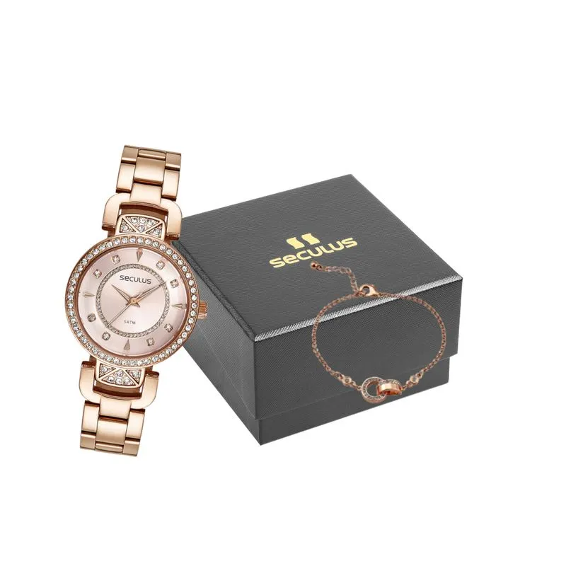 Kit Relógio Feminino Cristais Rosé com Pulseira