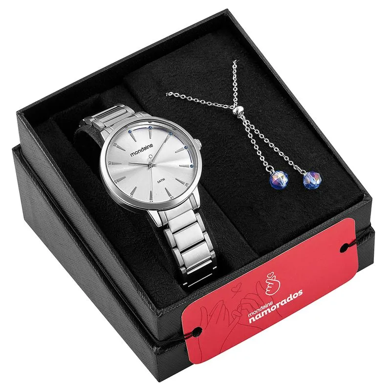Kit Relógio Feminino com Colar Com Pedras Prata