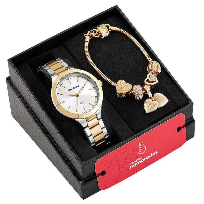 Kit Relógio Feminino Com Pulseira Berloques Bicolor