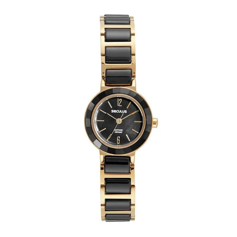 Relógio Feminino Cerâmica Analógico com Fecho Dobrável Preto e Dourado Séculus 24MM