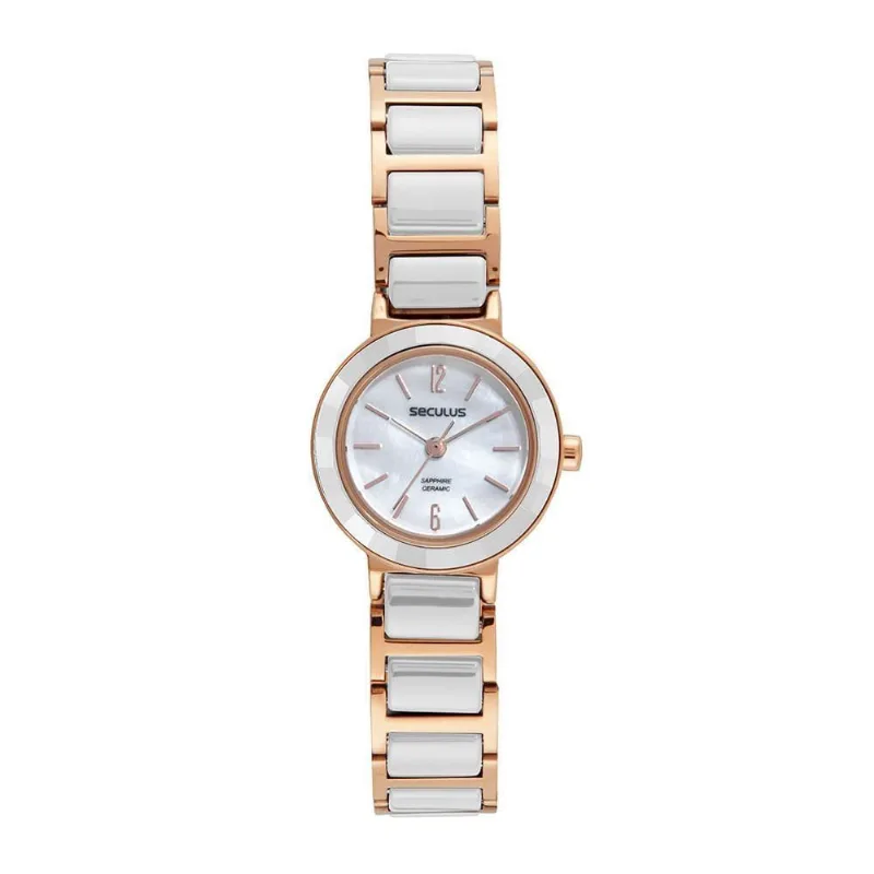 Relógio Feminino Cerâminca Madrepérola Rosé Analógico em Cerâmica e Metal Rosê Séculus 2.4CM