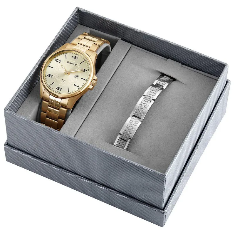 Kit Relógio Masculino Casual Analógico em Aço Inox com Pulseira Dourado Séculus