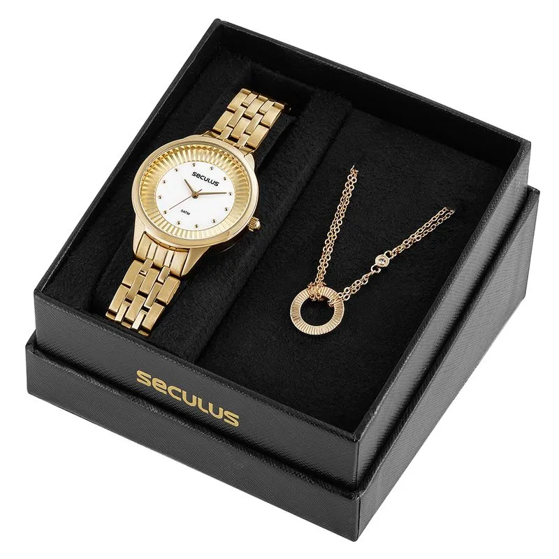 Kit Relógio Feminino Casual Dourado Com Colar