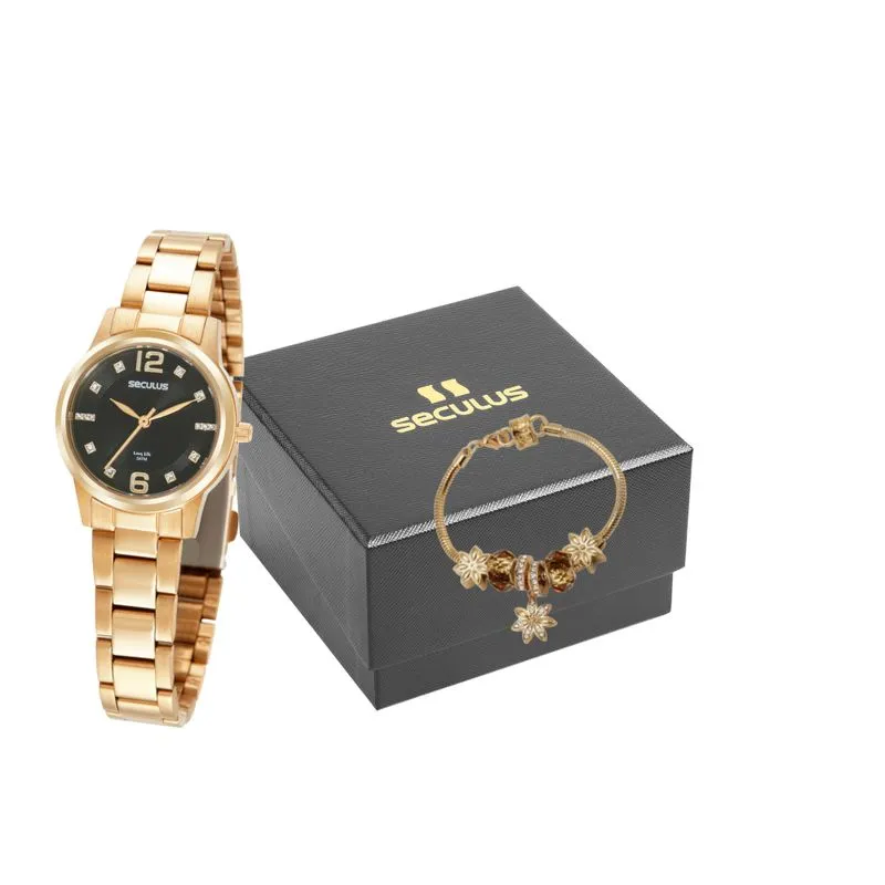 Kit Relógio Feminino Cristais Dourado Pulseira de Berloques