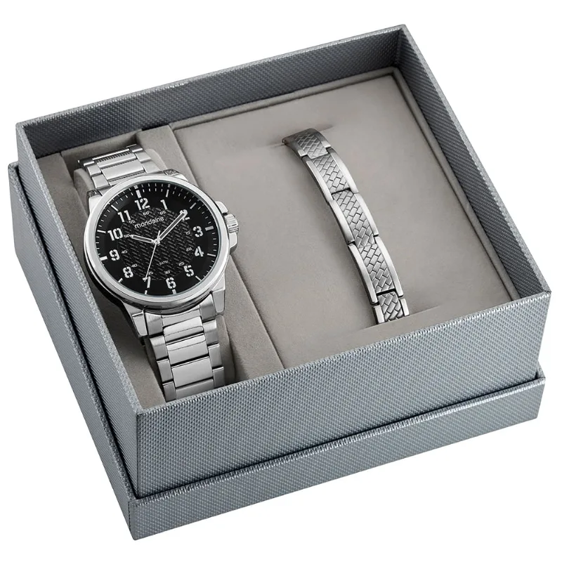 Kit Relógio Masculino com Pulseira em Aço Prata
