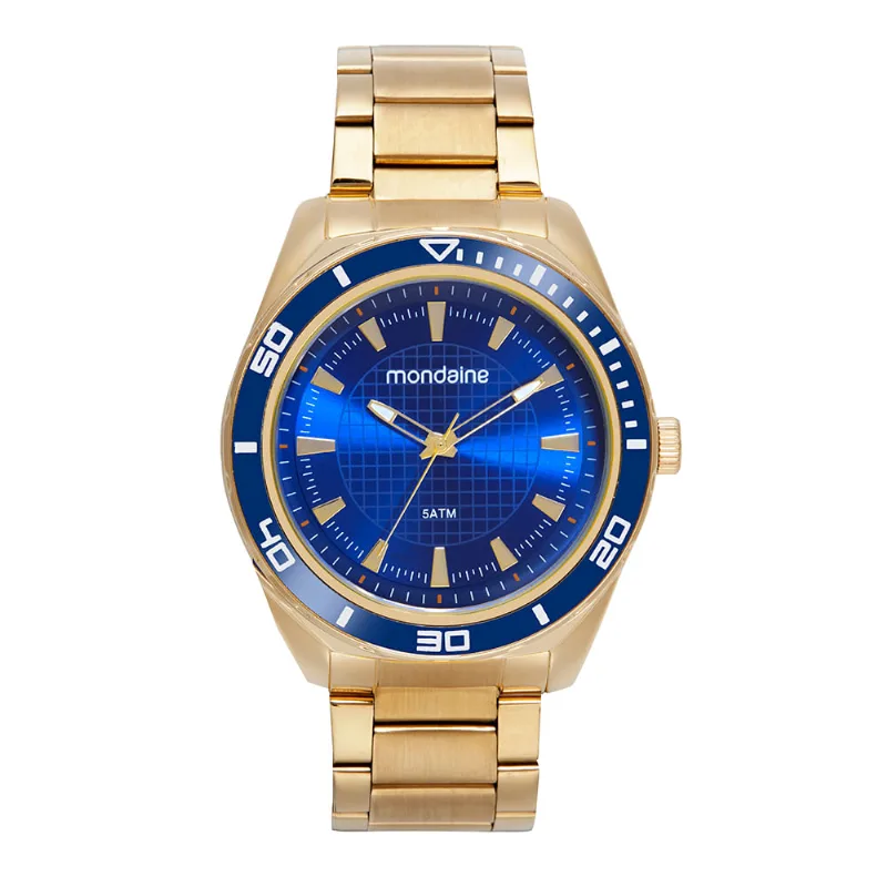 Relógio Masculino Clássico Dourado Mostrador Metalizado Azul