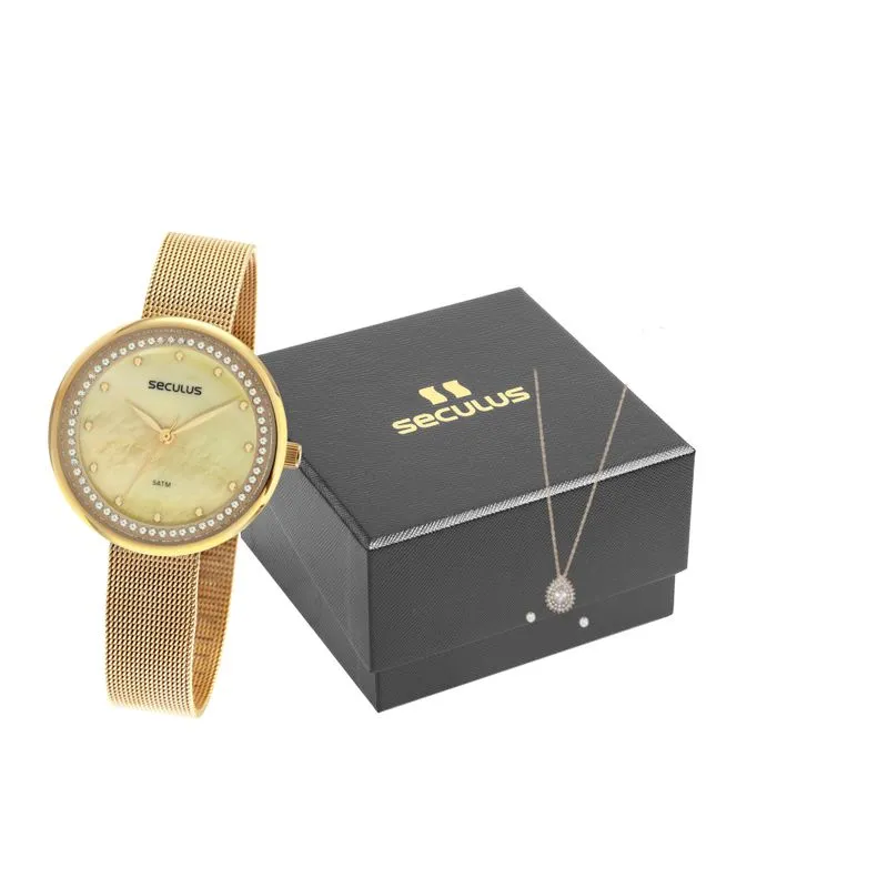 Kit Relógio Feminino Madrepérola Dourado Com Semijoias
