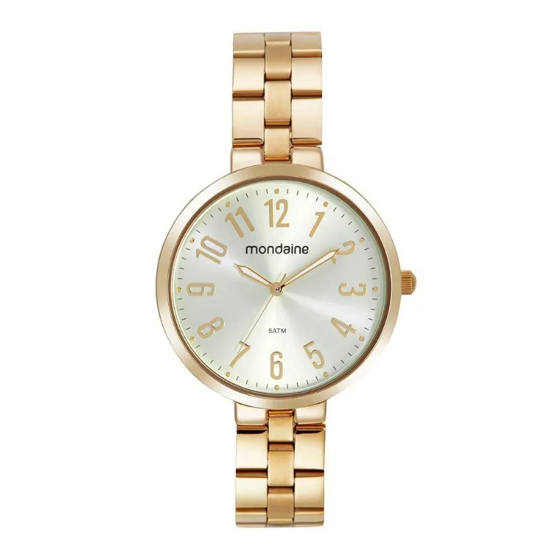 Relógio Feminino Casual Dourado Analógico Aço Inox Efeito Metálico Mondaine 38MM