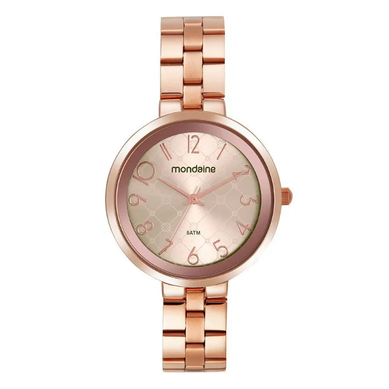 Relógio Feminino Rosé com Detalhes no Mostrador Analógico Aço Inox Folheação Rosê Mondaine