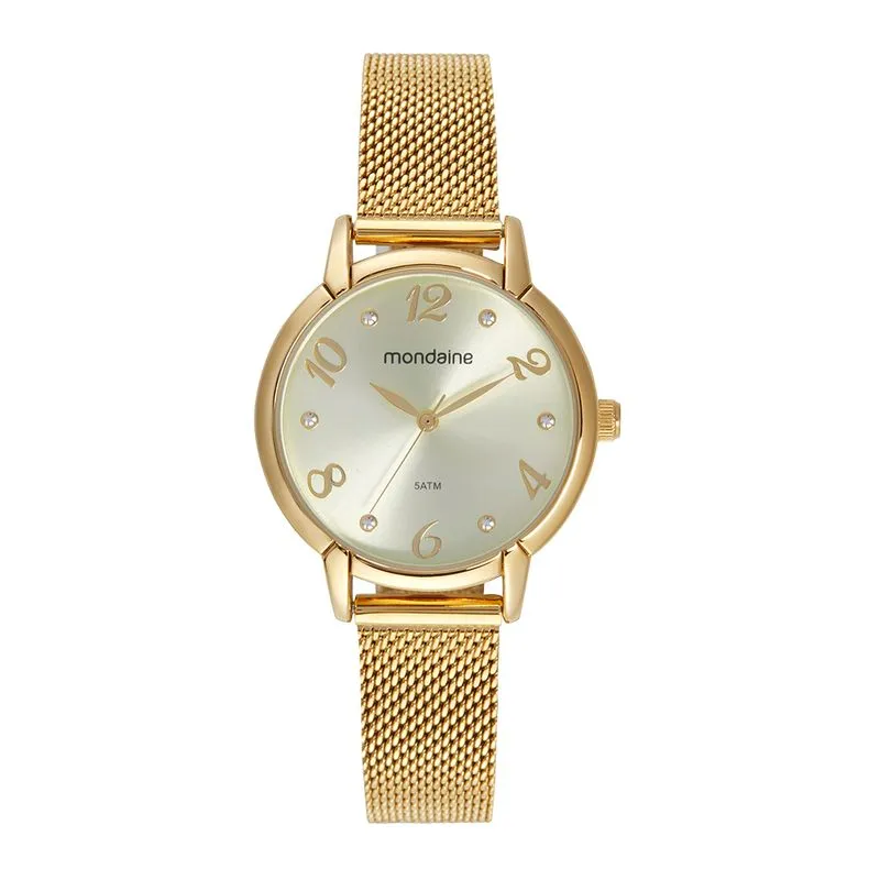 Relógio Feminino Cristais Malha de Aço Dourado
