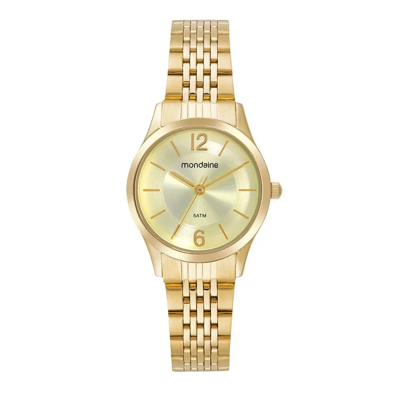 Relógio Feminino Dourado com Mostrador Efeito Escovado e Metálico