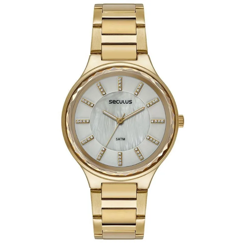 Relógio Feminino Facetado Madrepérola Dourado Analógico em Aço Inox com Cristal Mineral e Fecho