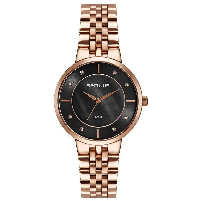 Relógio Feminino Madrepérola Cristais Pulseira Metal Rosê Analógico Séculus