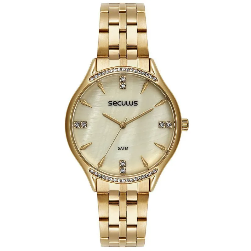 Relógio De Pulso Feminino Madrepérola Analógico Pulseira Metal Dourado Séculus
