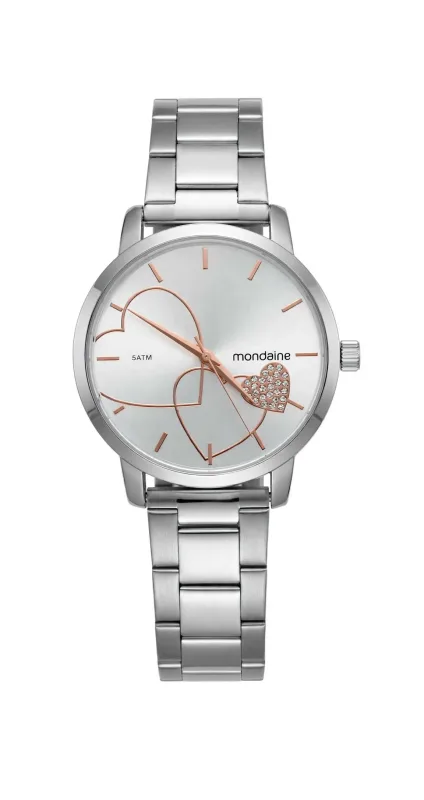 Relógio Mondaine Feminino Prateado Fundo com Corações