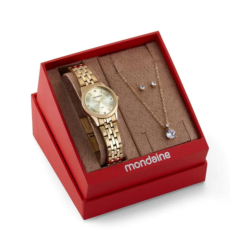 Kit Relógio Feminino Cristais Dourado Com Semijoias