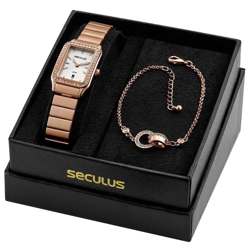 Kit Relógio Feminino Analógico Quadrado Com Pulseira Rosê Séculus
