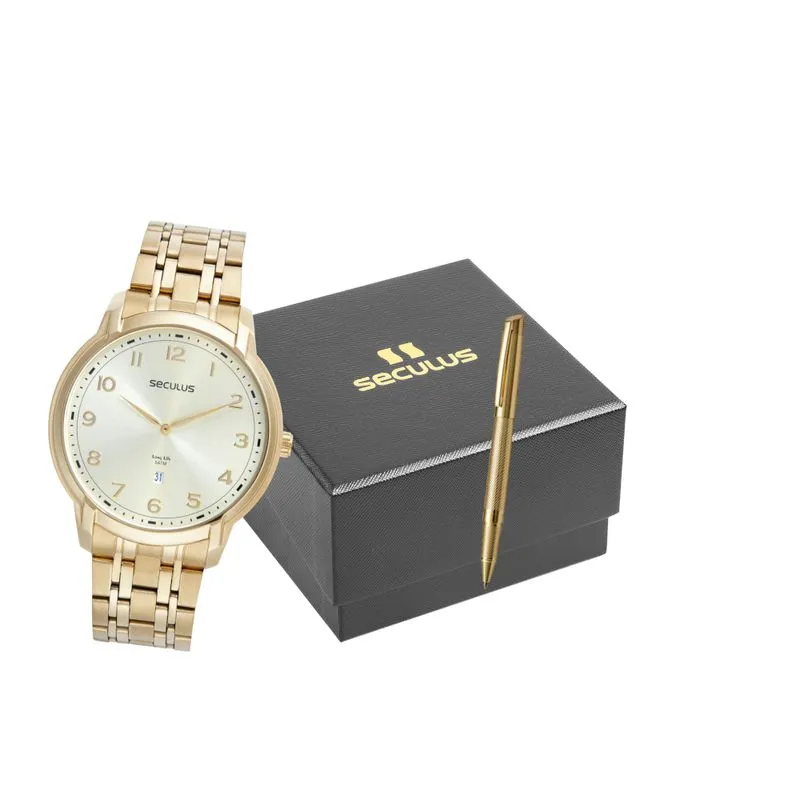 Kit Relógio Masculino Clássico Dourado Com Caneta