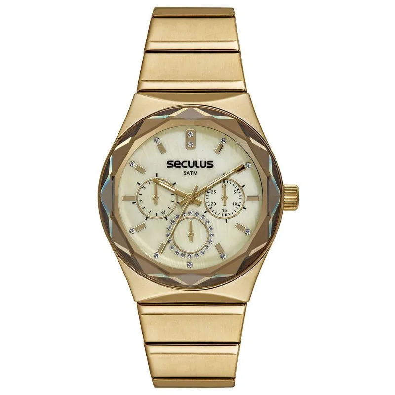 Relógio Feminino Multifunção Aço Inox com Mostrador Madrepérola Dourado Séculus