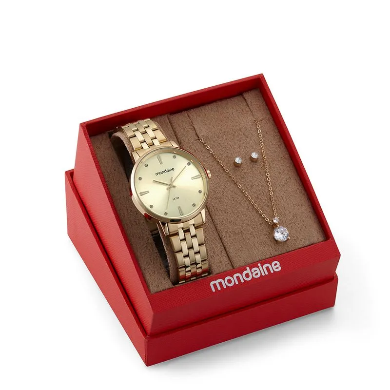 Kit Relógio Feminino Dourado Com Semijoias
