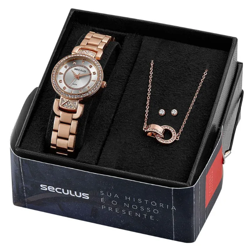 Kit Relógio Feminino Cristais Rosé Analógico Pulseira Aço Com Semijoias Séculus