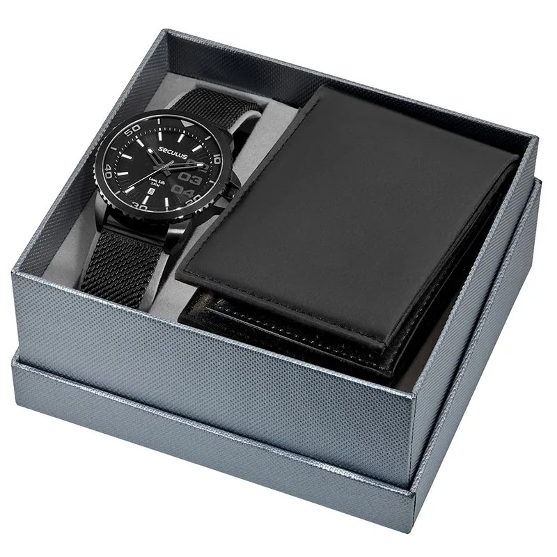 Kit Relógio Masculino Preto com Carteira