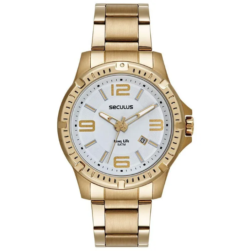 Relógio Masculino Casual Aço Dourado Analógico em Aço Inox com Fecho Dobrável Séculus