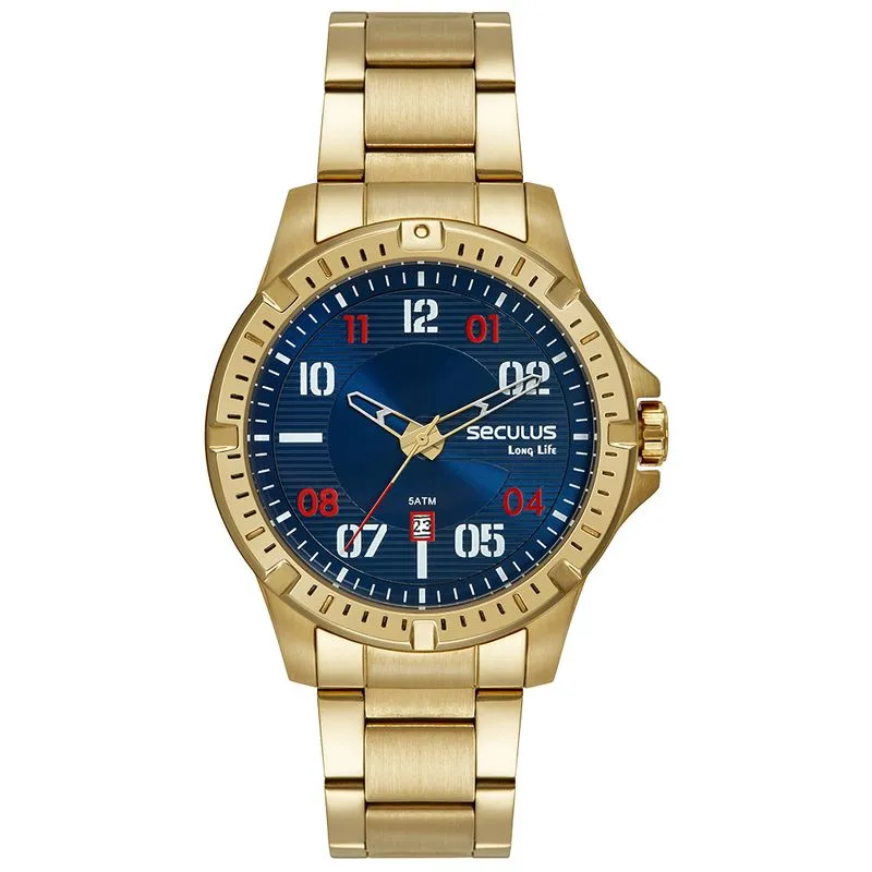 Relógio Masculino Aço Dourado Calendário e Mostrador Azul