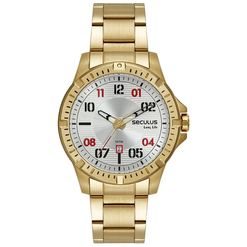 Relógio Masculino Aço Dourado Calendário e Mostrador Prata