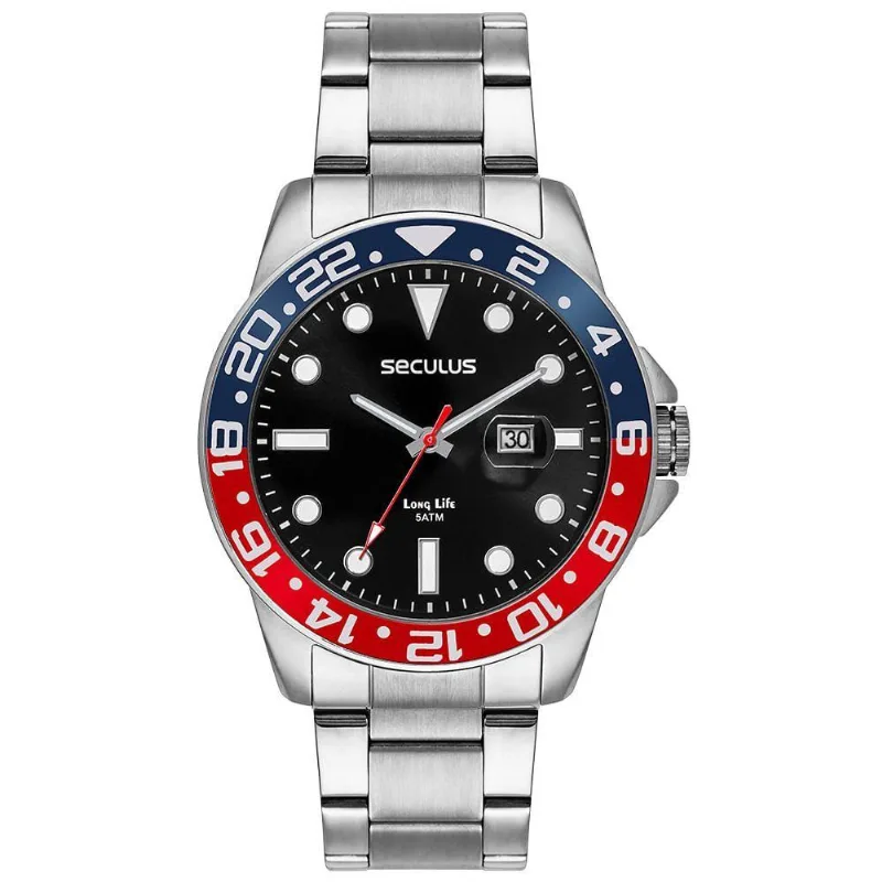 Relógio Masculino Aço Calendário Prata Analógico em Aço Inox com Lupa 48MM Séculus