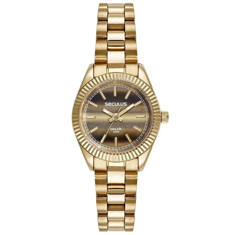 Relógio Feminino Catraca Serrilhada Dourado em Aço Inox Séculus 24MM