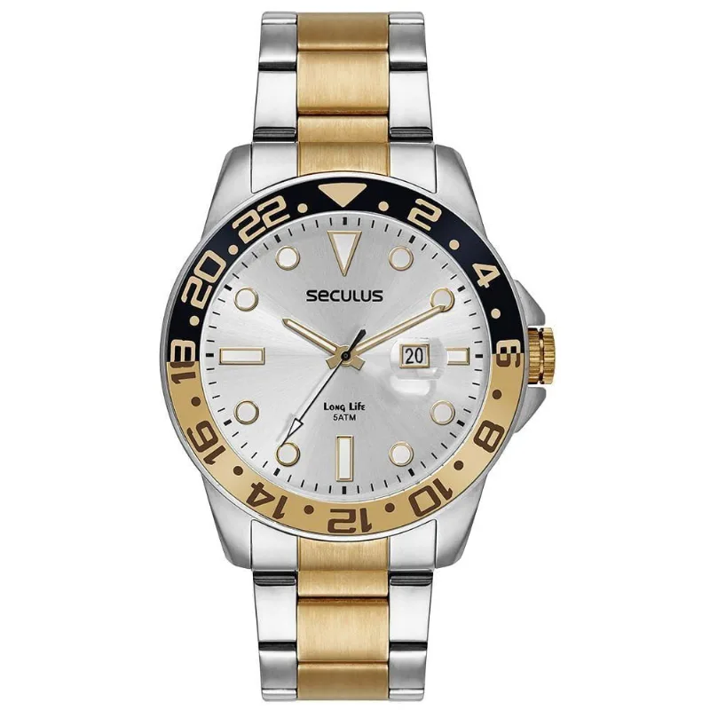 Relógio Masculino Aço Calendário Prata Analógico Aço Inox Vidro com Lupa Séculus 48MM